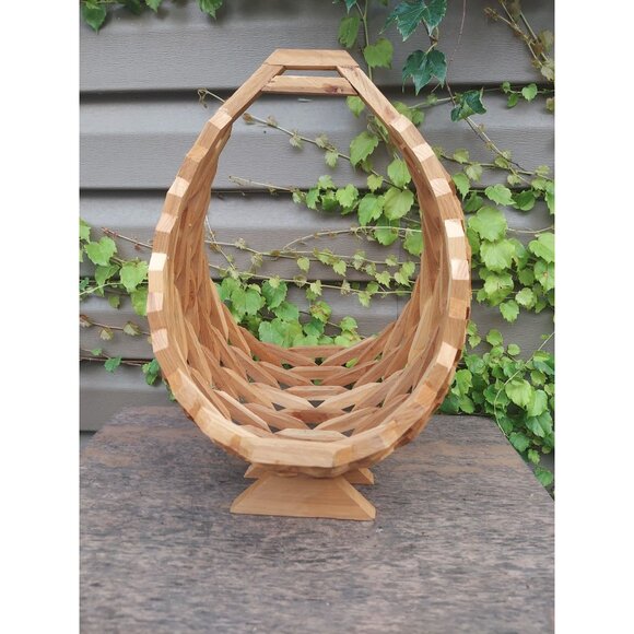 Handcrafted MCM Wooden Basket w/Geometric Architectural Design & Handle - Picture 2 of 5